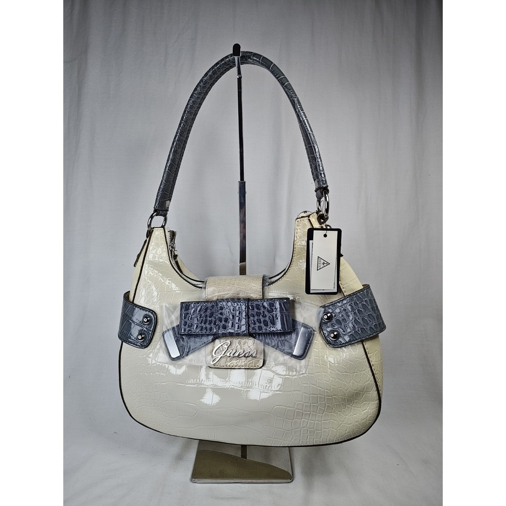 Guess Lulin CN215201 White Multi Croc Embossed Patent Hobo Shoulder Handbag NWT